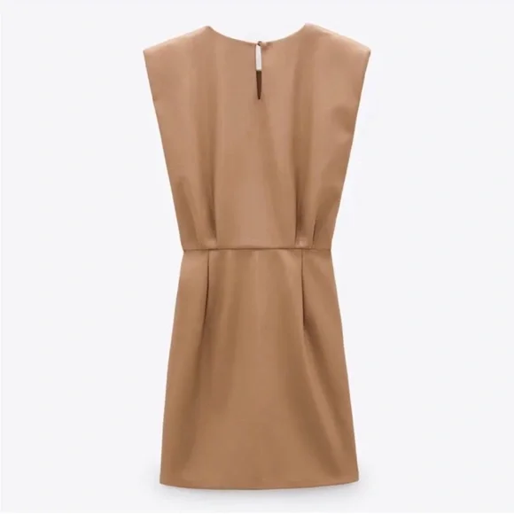 ZARA Faux Leather Padded Shoulder Mini Dress Womens Brown Sleeveless Size Large - Picture 13 of 15